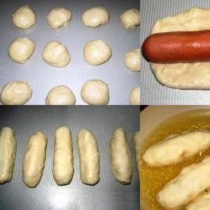 Sausages in dough fried in a frying pan